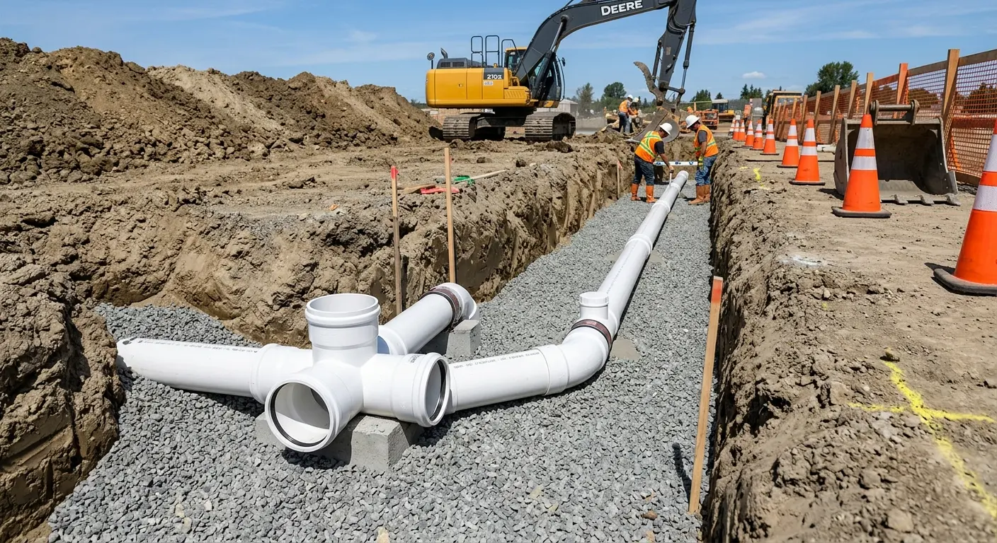 New PVC sewer pipe installation in open trench for Grease Trap Cleaning in Makakilo