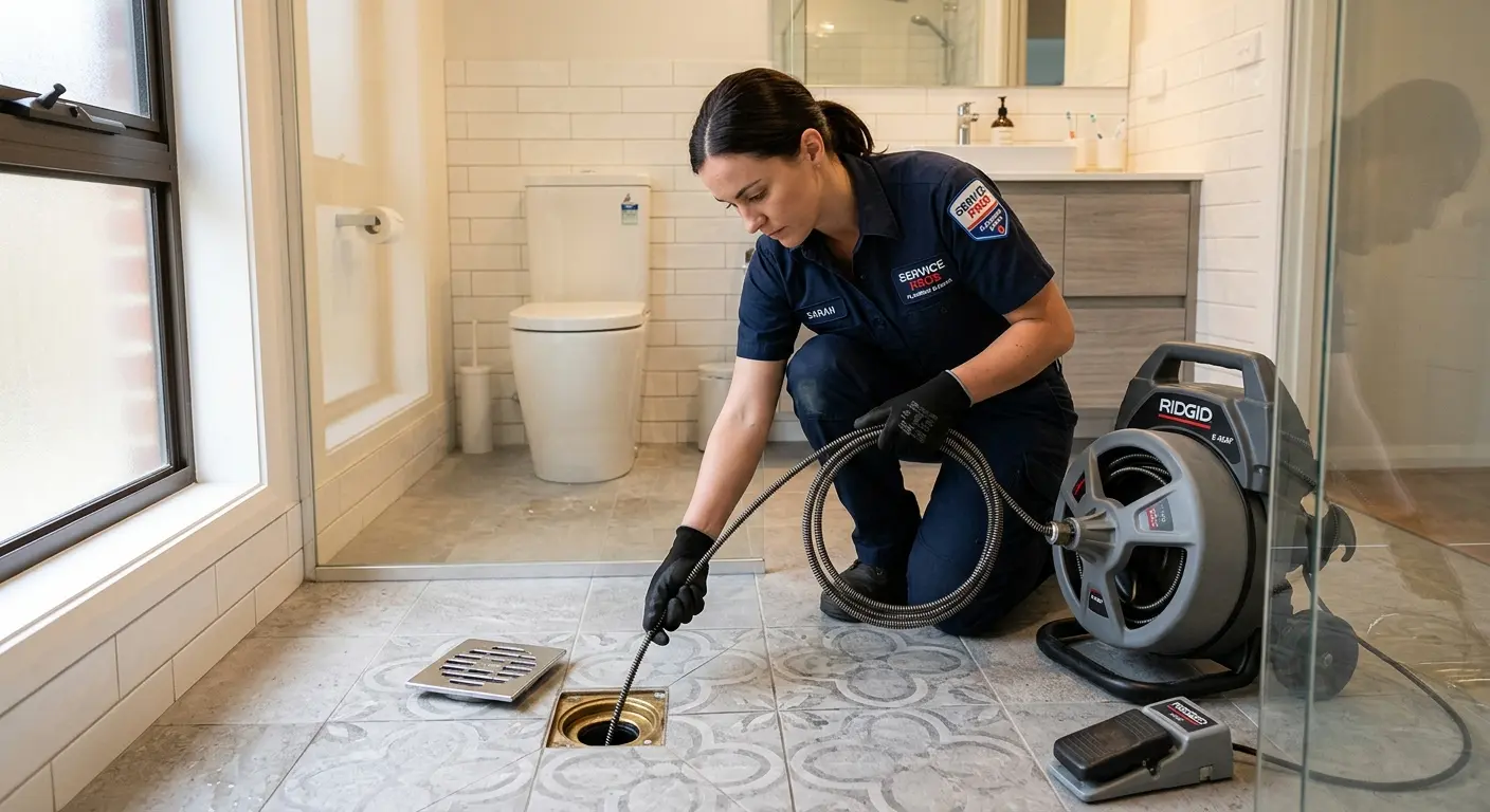 Technician clearing a bathroom floor drain for Sewer Line Replacement in Makakilo